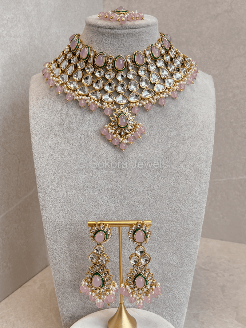 Areli Faux Kundan Necklace Set - Pink - SOKORA JEWELSAreli Faux Kundan Necklace Set - Pink