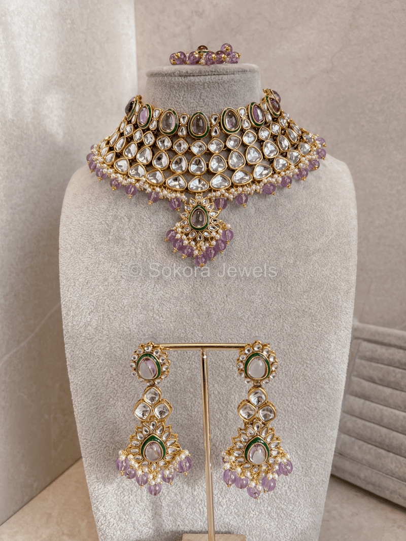 Areli Faux Kundan Necklace Set - Purple - SOKORA JEWELSAreli Faux Kundan Necklace Set - Purple