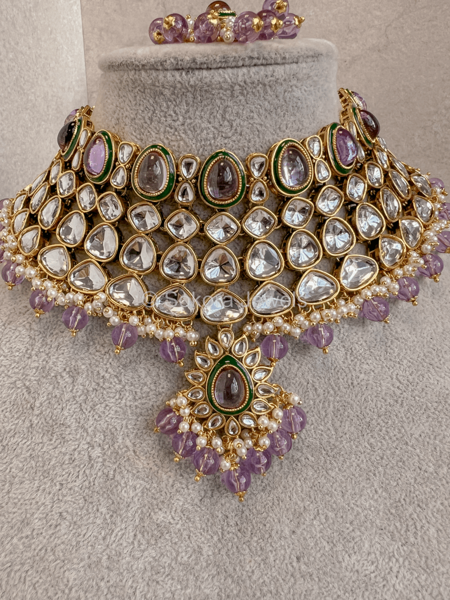 Areli Faux Kundan Necklace Set - Purple - SOKORA JEWELSAreli Faux Kundan Necklace Set - Purple