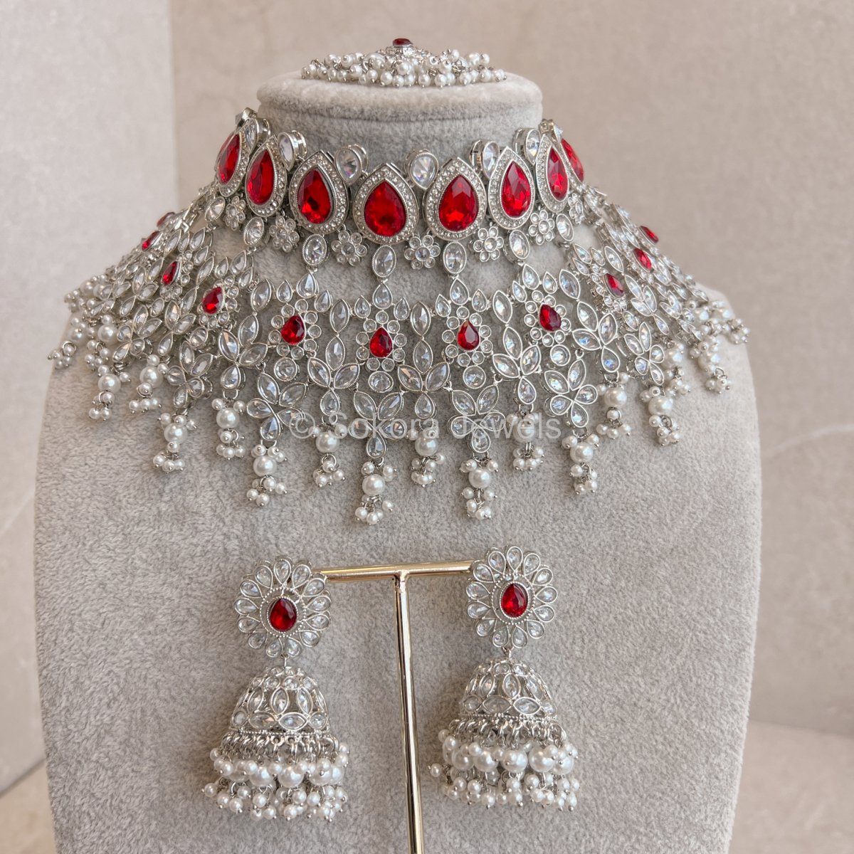 Aria Bridal Necklace and Earring Set - Red - SOKORA JEWELSAria Bridal Necklace and Earring Set - Red