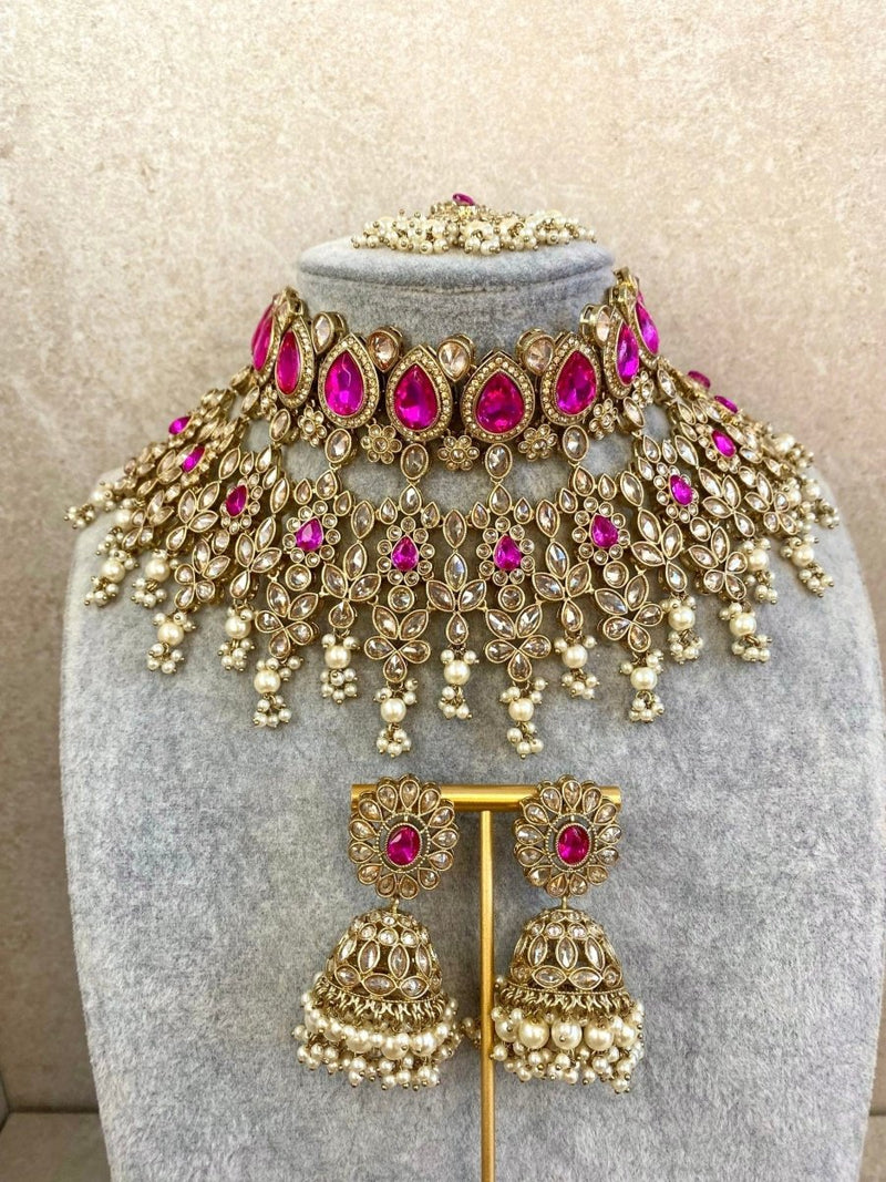 Aria Bridal Necklace Set - Hot Pink/Champagne - SOKORA JEWELSAria Bridal Necklace Set - Hot Pink/Champagne