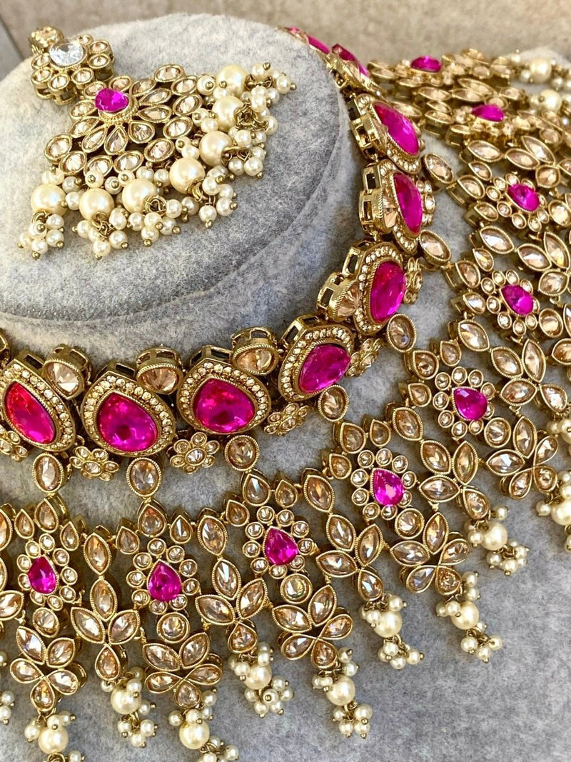 Aria Bridal Necklace Set - Hot Pink/Champagne - SOKORA JEWELSAria Bridal Necklace Set - Hot Pink/Champagne