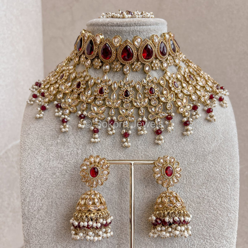 Aria Bridal Necklace Set - Maroon - SOKORA JEWELSAria Bridal Necklace Set - Maroon