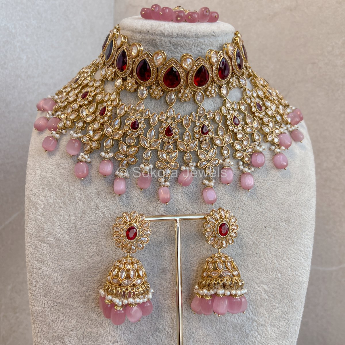 Aria Bridal Necklace Set - Pink/Maroon - SOKORA JEWELSAria Bridal Necklace Set - Pink/Maroon