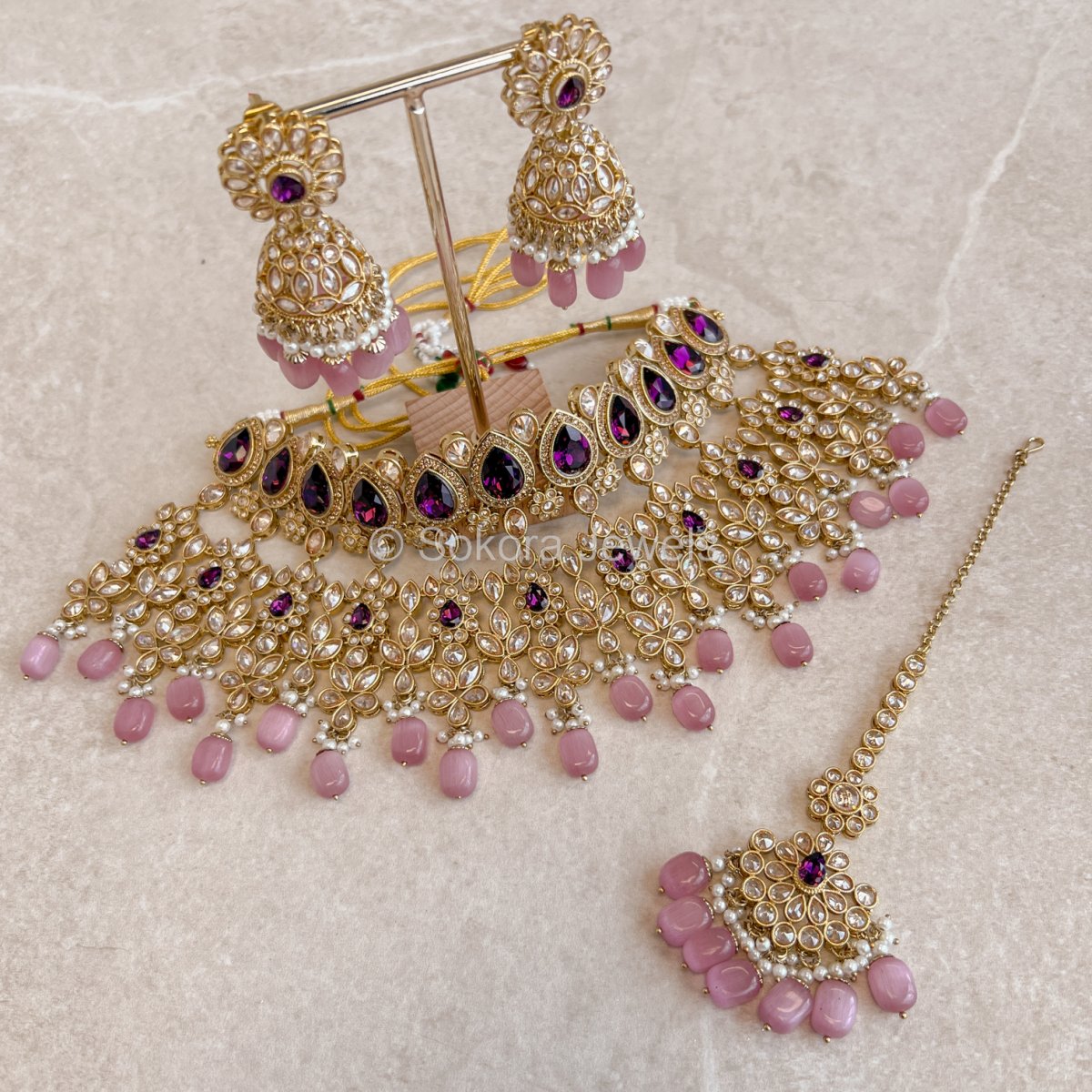 Aria Bridal Statement Necklace Set - Purple & Pink - SOKORA JEWELSAria Bridal Statement Necklace Set - Purple & Pink