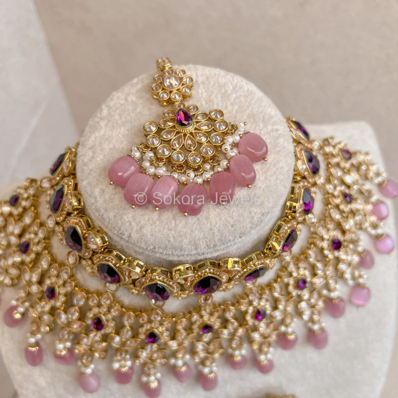 Aria Bridal Statement Necklace Set - Purple & Pink - SOKORA JEWELSAria Bridal Statement Necklace Set - Purple & Pink