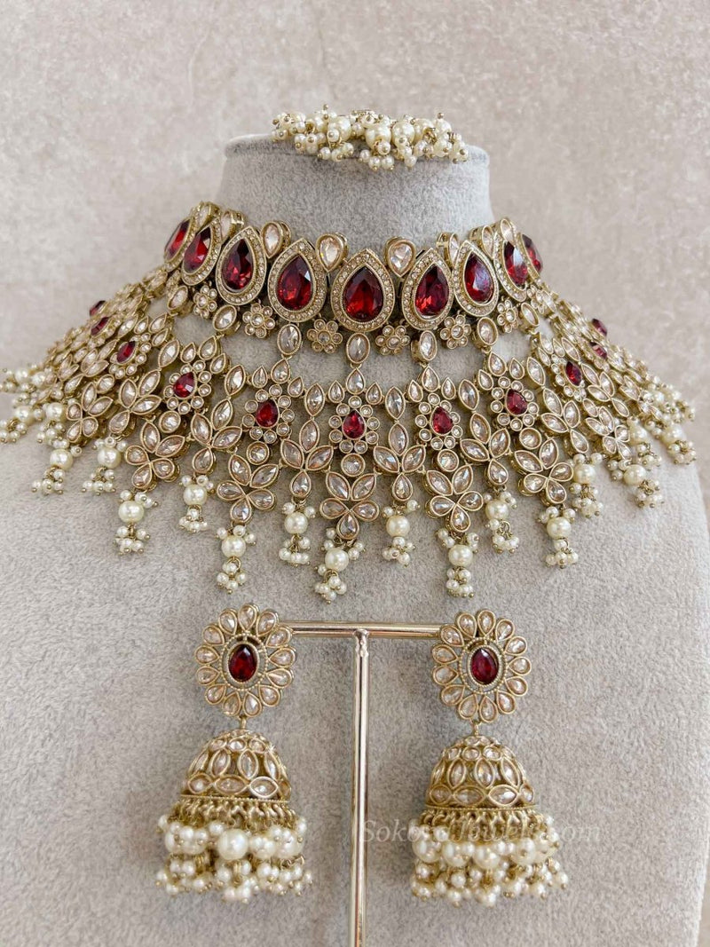 Aria Golden Bridal Necklace Set - Maroon - SOKORA JEWELSAria Golden Bridal Necklace Set - Maroon
