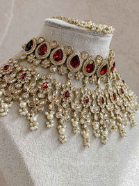 Aria Golden Bridal Necklace Set - Maroon - SOKORA JEWELSAria Golden Bridal Necklace Set - Maroon