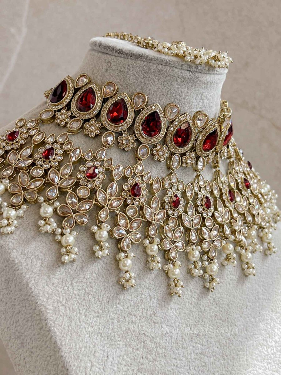 Aria Golden Bridal Necklace Set - Maroon - SOKORA JEWELSAria Golden Bridal Necklace Set - Maroon
