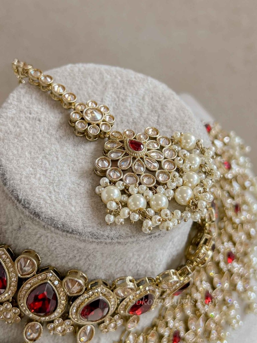 Aria Golden Bridal Necklace Set - Maroon - SOKORA JEWELSAria Golden Bridal Necklace Set - Maroon