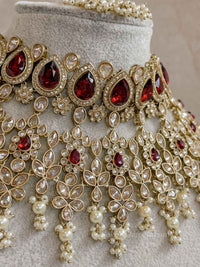 Aria Golden Bridal Necklace Set - Maroon - SOKORA JEWELSAria Golden Bridal Necklace Set - Maroon