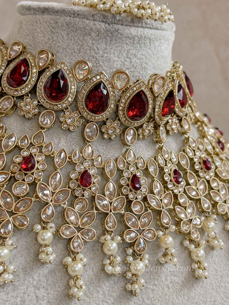 Aria Golden Bridal Necklace Set - Maroon - SOKORA JEWELSAria Golden Bridal Necklace Set - Maroon