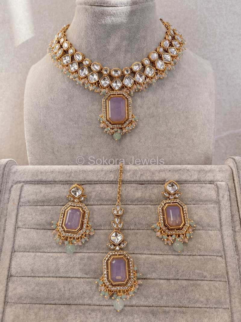 Ariella Faux Kundan Set - Pink & mint - SOKORA JEWELSAriella Faux Kundan Set - Pink & mintNECKLACE SETS