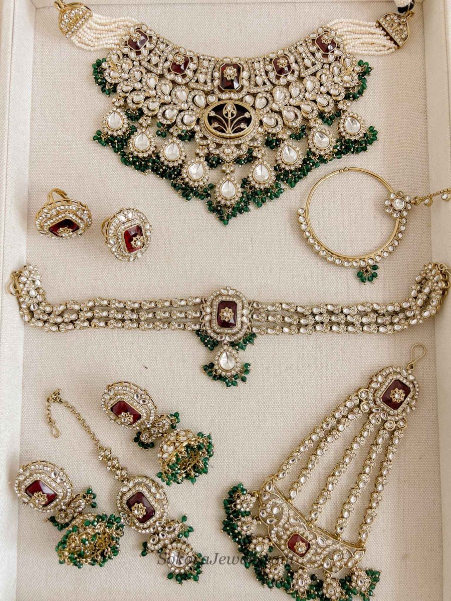 Arpana Kundan Bridal set in Maroon & Green - SOKORA JEWELSArpana Kundan Bridal set in Maroon & Green