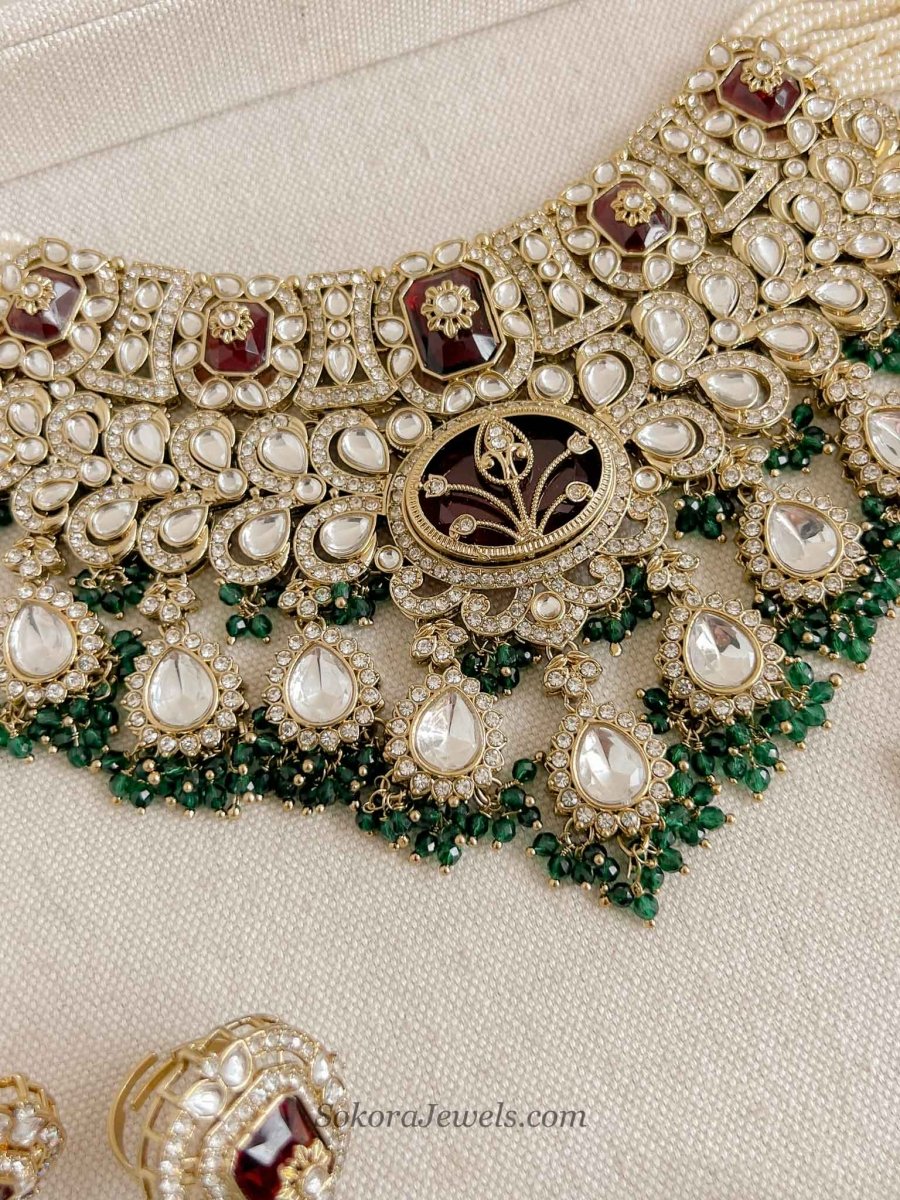 Arpana Kundan Bridal set in Maroon & Green - SOKORA JEWELSArpana Kundan Bridal set in Maroon & Green