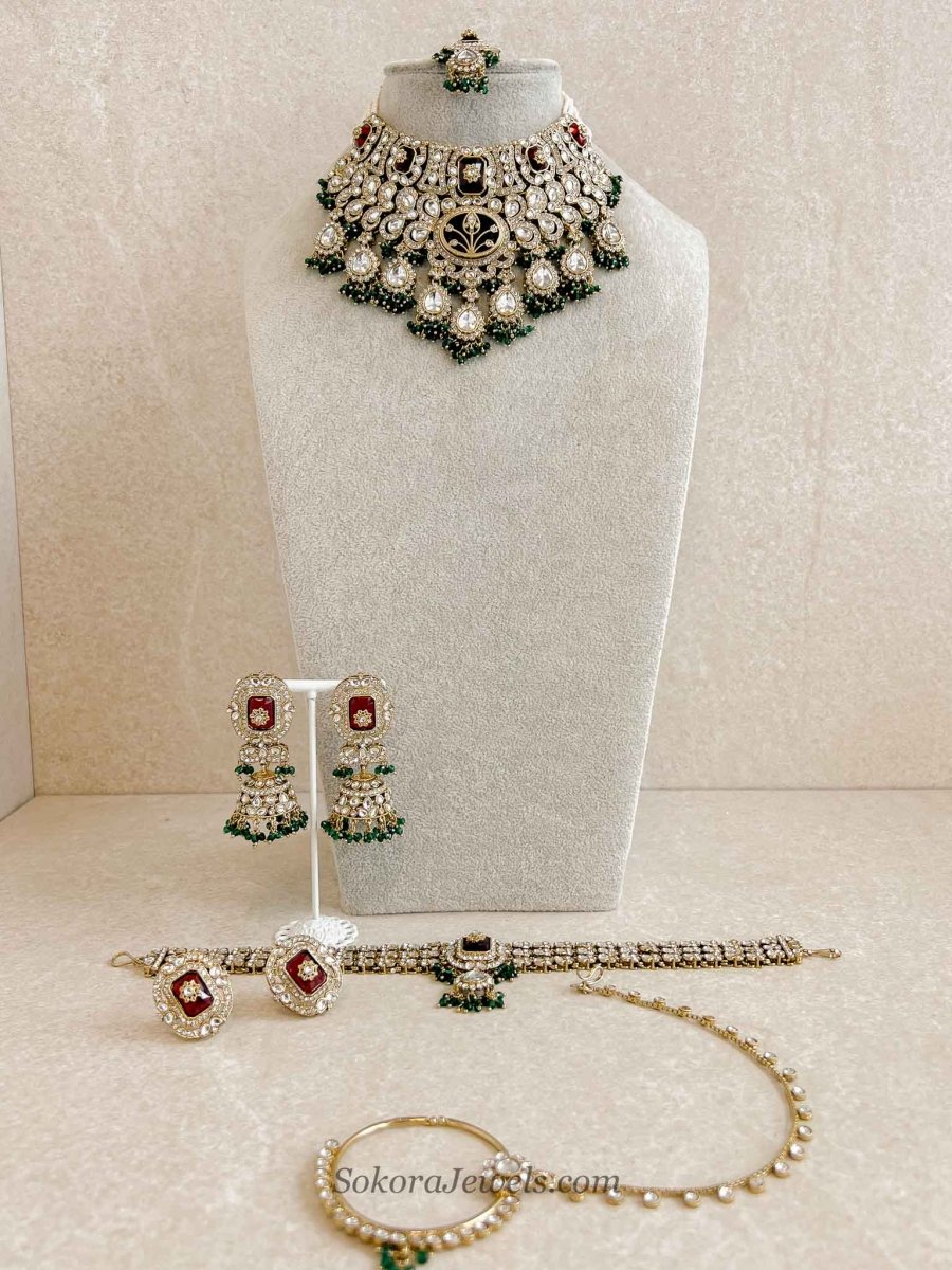 Arpana Kundan Bridal set in Maroon & Green - SOKORA JEWELSArpana Kundan Bridal set in Maroon & Green