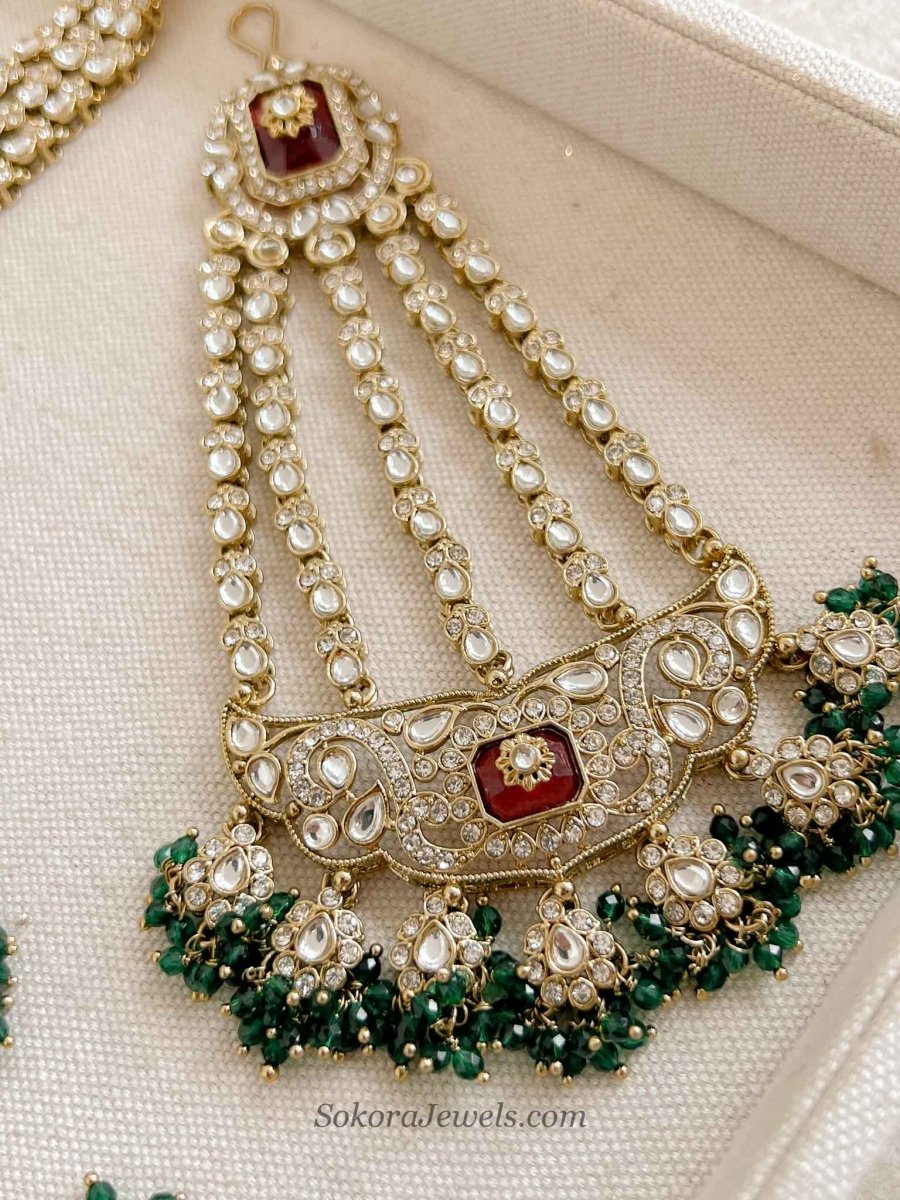 Arpana Kundan Bridal set in Maroon & Green - SOKORA JEWELSArpana Kundan Bridal set in Maroon & Green