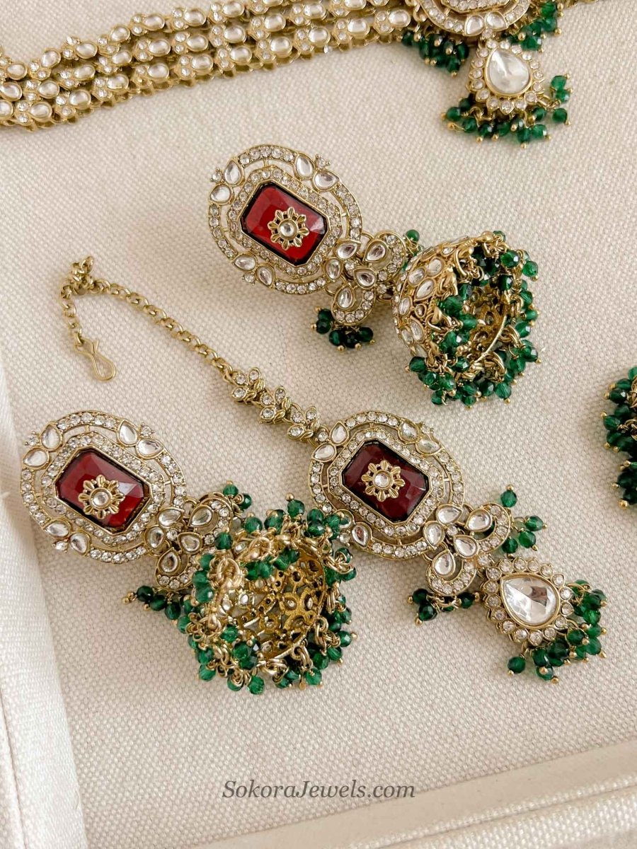 Arpana Kundan Bridal set in Maroon & Green - SOKORA JEWELSArpana Kundan Bridal set in Maroon & Green