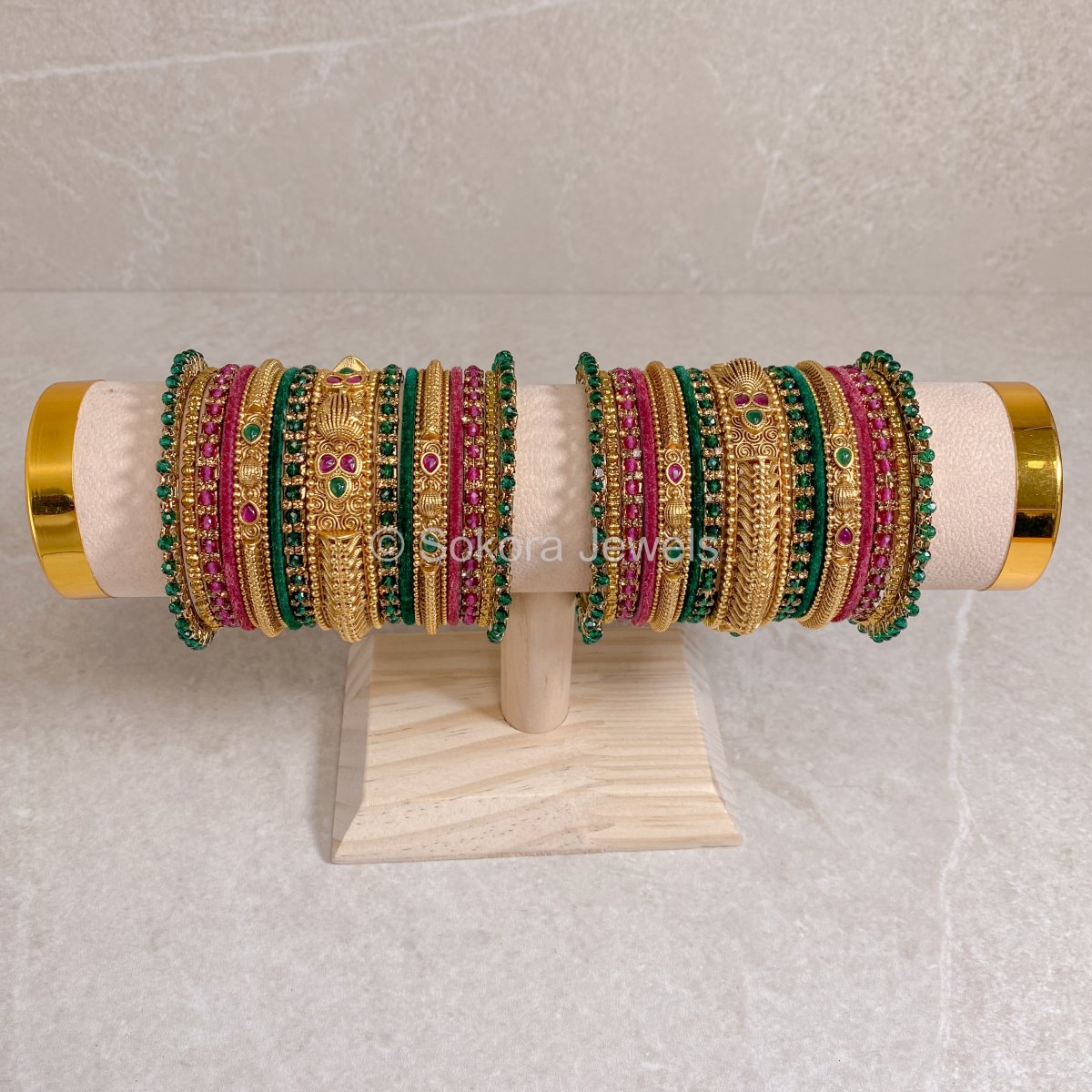 Asfia Matt Gold Bangle Set - Green and Ruby Pink - SOKORA JEWELSAsfia Matt Gold Bangle Set - Green and Ruby PinkBANGLES