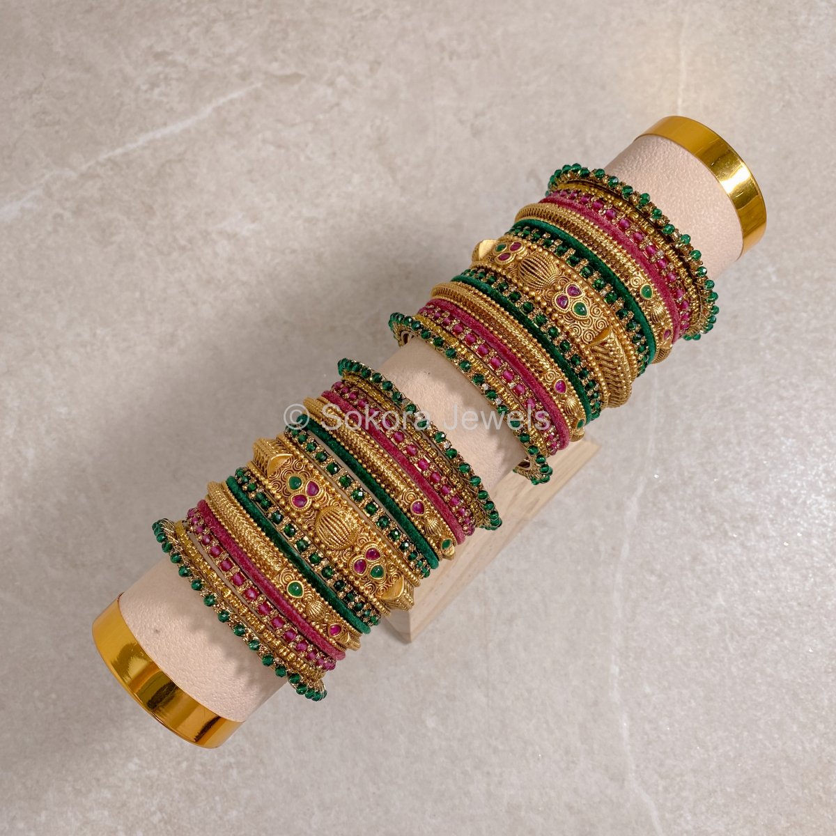 Asfia Matt Gold Bangle Set - Green and Ruby Pink - SOKORA JEWELSAsfia Matt Gold Bangle Set - Green and Ruby PinkBANGLES