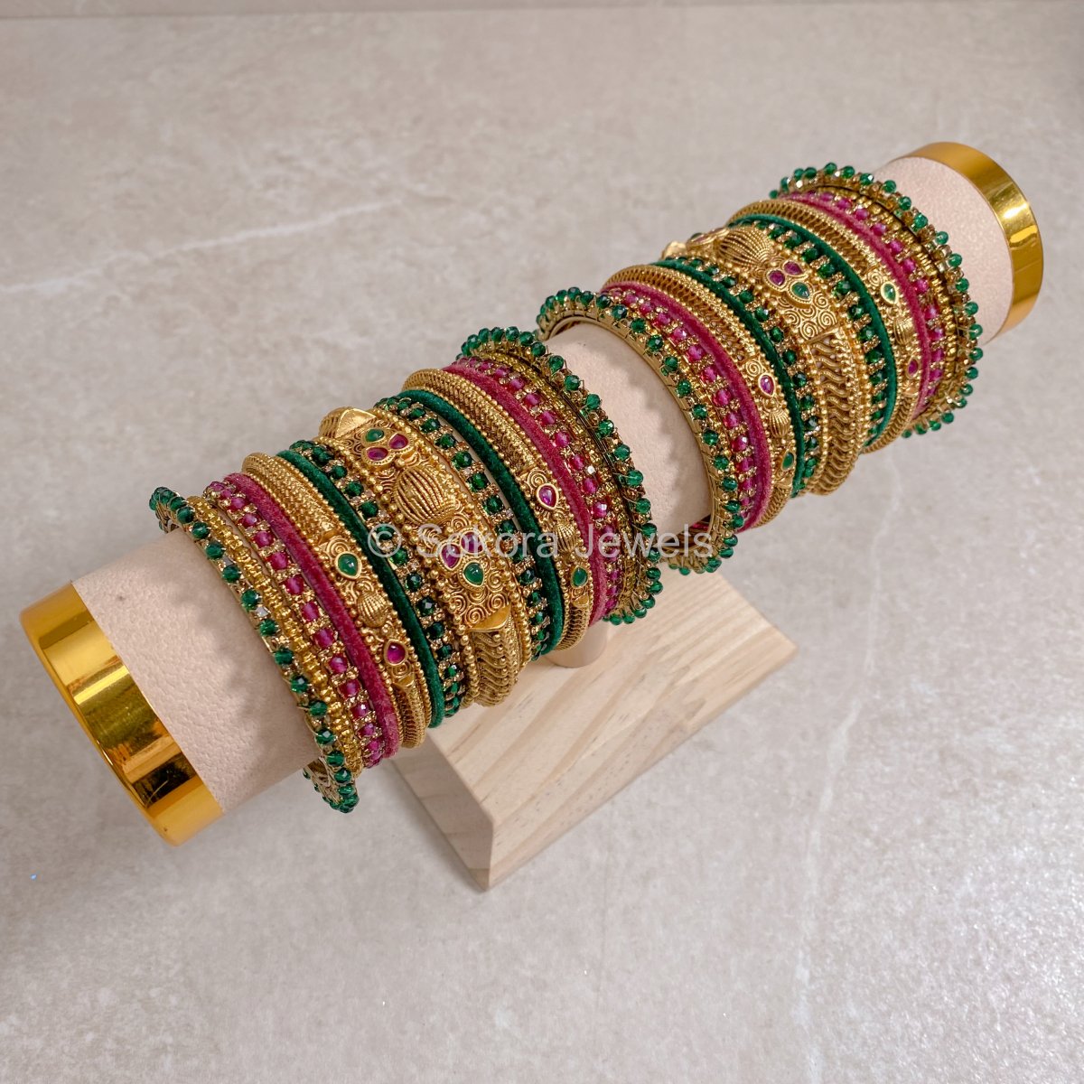 Asfia Matt Gold Bangle Set - Green and Ruby Pink - SOKORA JEWELSAsfia Matt Gold Bangle Set - Green and Ruby PinkBANGLES