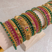 Asfia Matt Gold Bangle Set - Green and Ruby Pink - SOKORA JEWELSAsfia Matt Gold Bangle Set - Green and Ruby PinkBANGLES