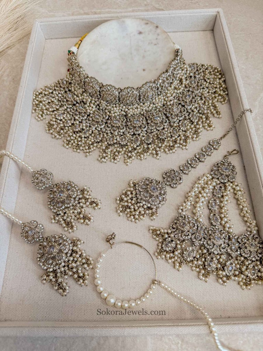 Asha Pearl Zircon Bridal Jewellery Set - SOKORA JEWELSAsha Pearl Zircon Bridal Jewellery Set