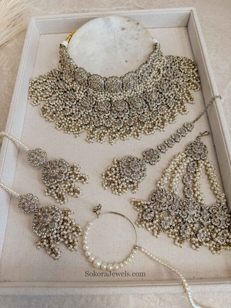 Asha Pearl Zircon Bridal Jewellery Set - SOKORA JEWELSAsha Pearl Zircon Bridal Jewellery Set