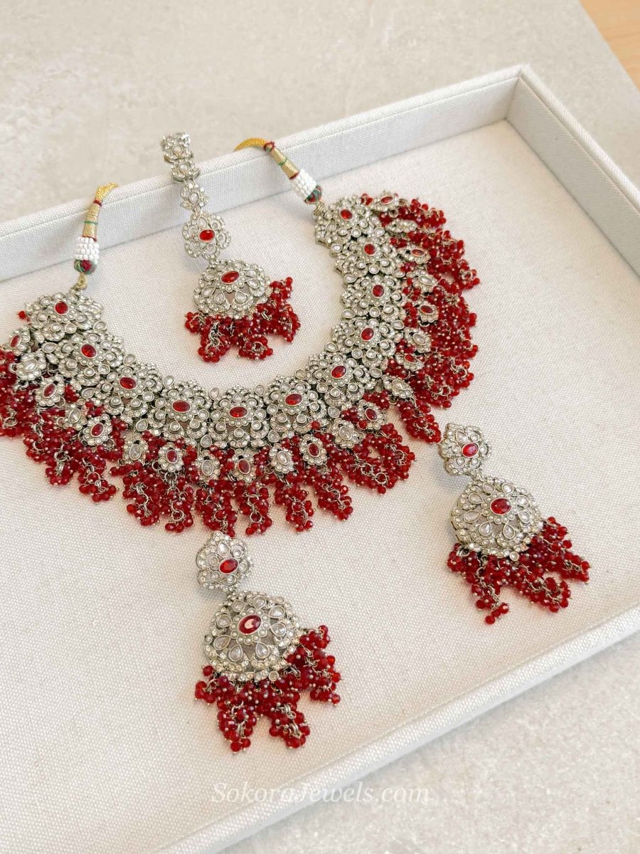 Asha Red Zircon Bridal Jewellery Set - SOKORA JEWELSAsha Red Zircon Bridal Jewellery Set