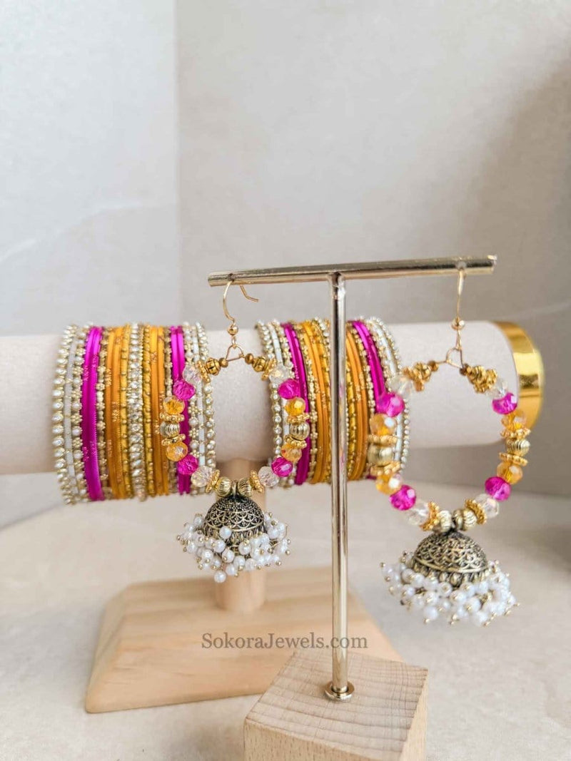 Bangle & Jhumka Earring Box Set - Pink & Yellow - SOKORA JEWELSBangle & Jhumka Earring Box Set - Pink & YellowBANGLES