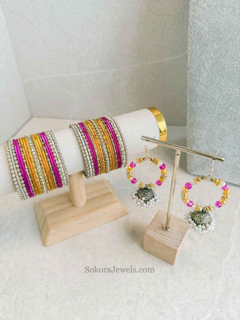 Bangle & Jhumka Earring Box Set - Pink & Yellow - SOKORA JEWELSBangle & Jhumka Earring Box Set - Pink & YellowBANGLES