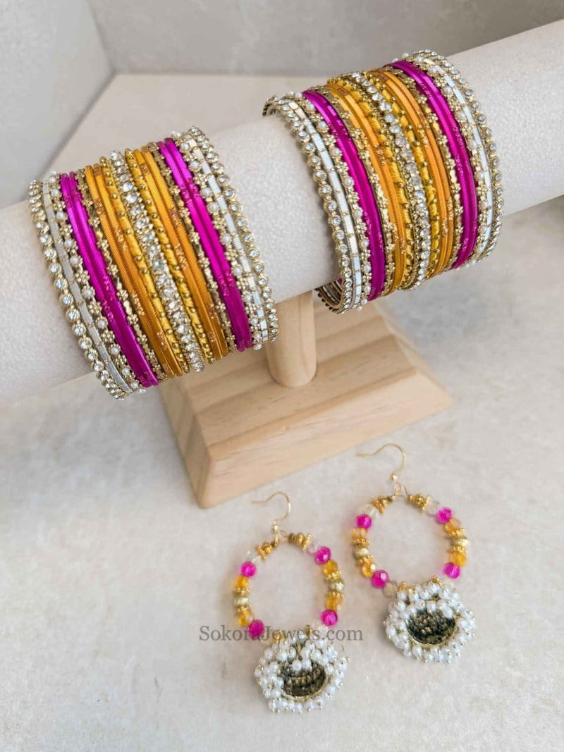 Bangle & Jhumka Earring Box Set - Pink & Yellow - SOKORA JEWELSBangle & Jhumka Earring Box Set - Pink & YellowBANGLES