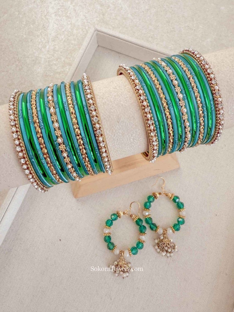 Bangles & Jhumka Earrings Box Set - Teal Green - SOKORA JEWELSBangles & Jhumka Earrings Box Set - Teal GreenBANGLES
