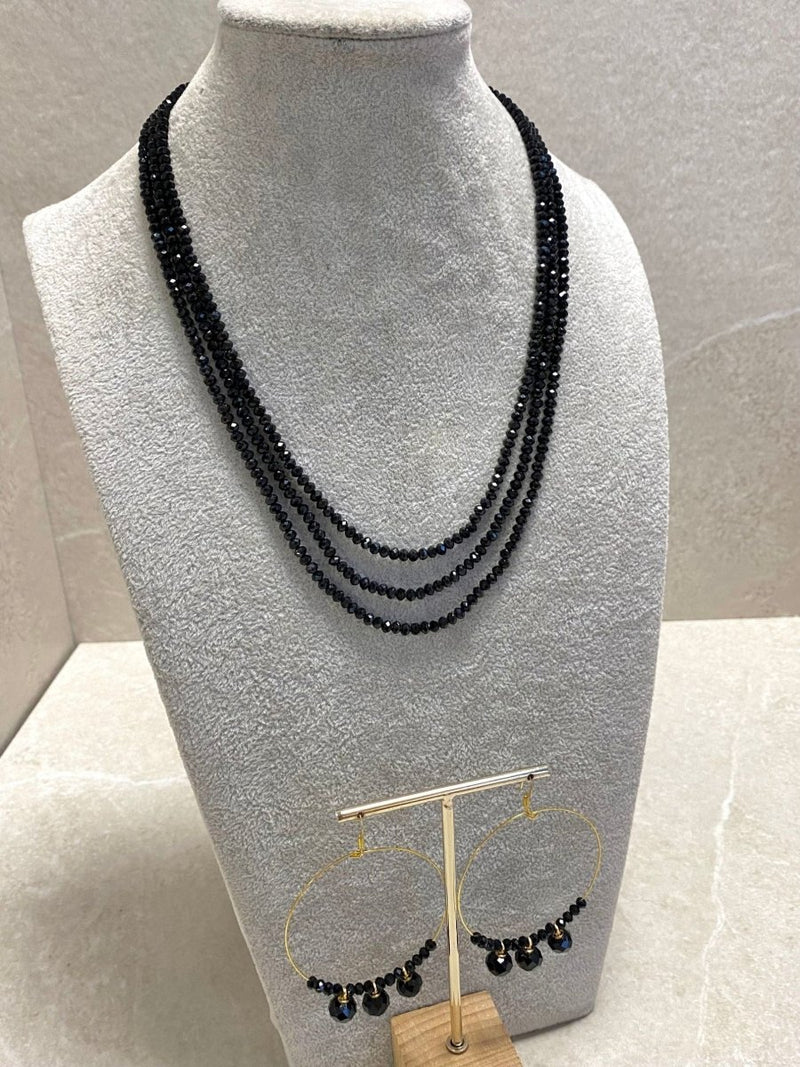 Beaded Midi Mala and Earring Hoops Set - Black - SOKORA JEWELSBeaded Midi Mala and Earring Hoops Set - BlackNECKLACE SETS