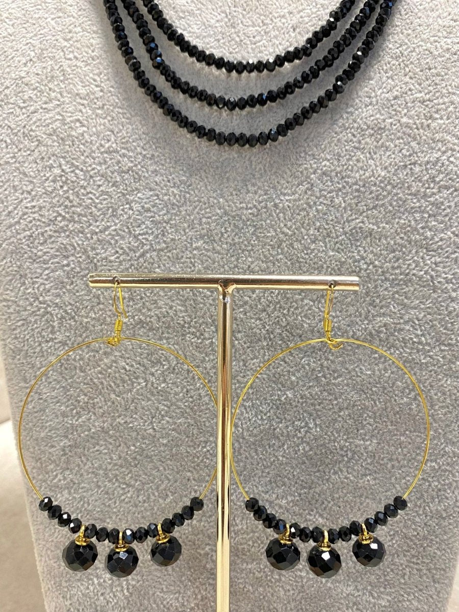 Beaded Midi Mala and Earring Hoops Set - Black - SOKORA JEWELSBeaded Midi Mala and Earring Hoops Set - BlackNECKLACE SETS