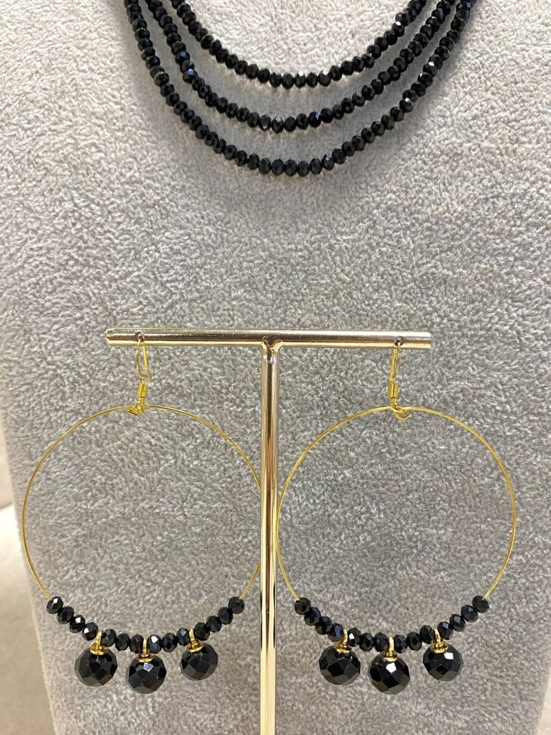 Beaded Midi Mala and Earring Hoops Set - Black - SOKORA JEWELSBeaded Midi Mala and Earring Hoops Set - BlackNECKLACE SETS