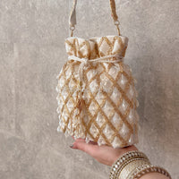 Beaded Tassel Bag - White & Gold - SOKORA JEWELSBeaded Tassel Bag - White & Gold