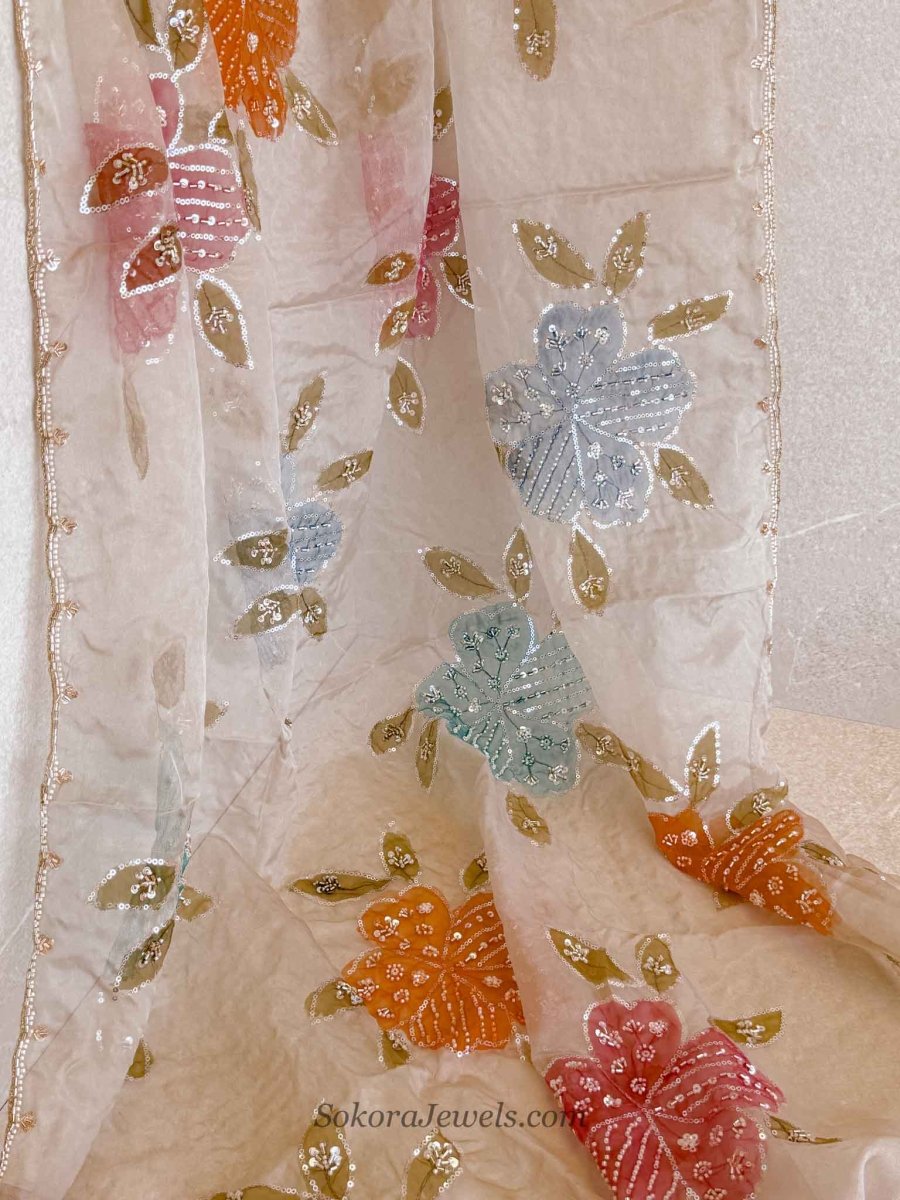 Beige & Multicolour Floral Dupatta - Embellished Net Occasion Dupatta - SOKORA JEWELSBeige & Multicolour Floral Dupatta - Embellished Net Occasion Dupatta