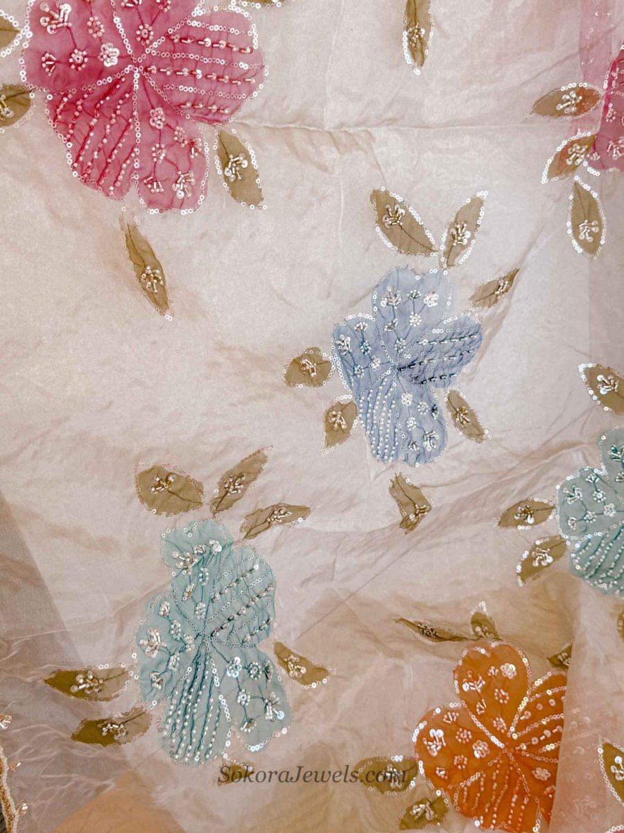 Beige & Multicolour Floral Dupatta - Embellished Net Occasion Dupatta - SOKORA JEWELSBeige & Multicolour Floral Dupatta - Embellished Net Occasion Dupatta
