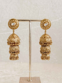 Bhakti Gold Tone Kundan 3 - Step Jhumka Earrings - SOKORA JEWELSBhakti Gold Tone Kundan 3 - Step Jhumka Earrings