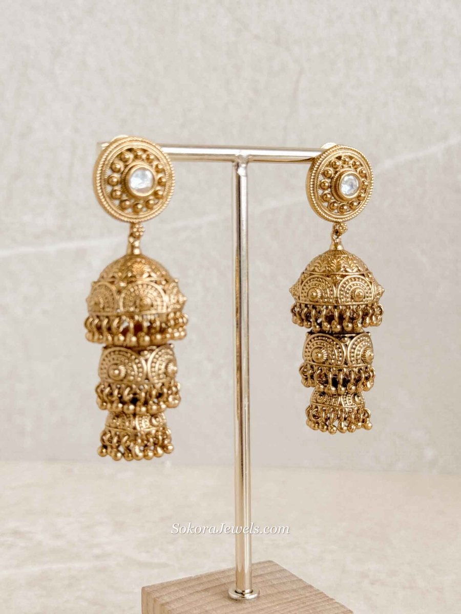 Bhakti Gold Tone Kundan 3 - Step Jhumka Earrings - SOKORA JEWELSBhakti Gold Tone Kundan 3 - Step Jhumka Earrings