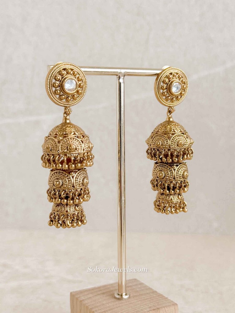 Bhakti Gold Tone Kundan 3 - Step Jhumka Earrings - SOKORA JEWELSBhakti Gold Tone Kundan 3 - Step Jhumka Earrings