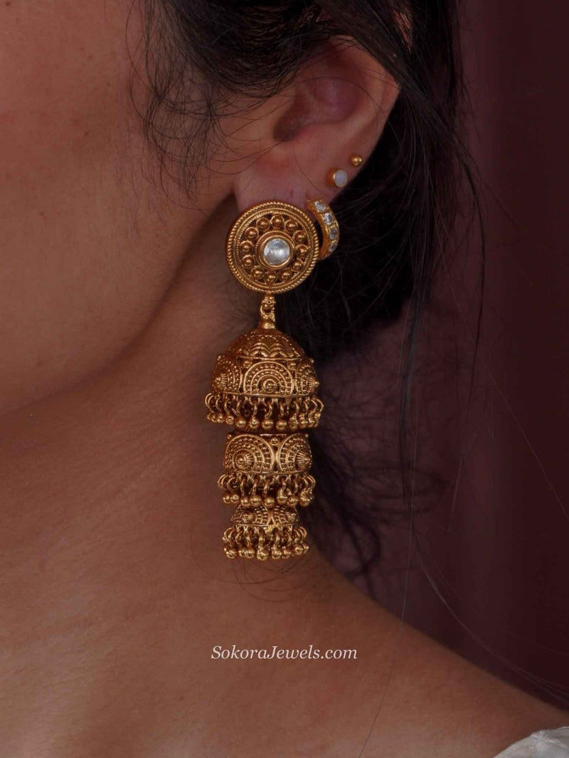 Bhakti Gold Tone Kundan 3 - Step Jhumka Earrings - SOKORA JEWELSBhakti Gold Tone Kundan 3 - Step Jhumka Earrings