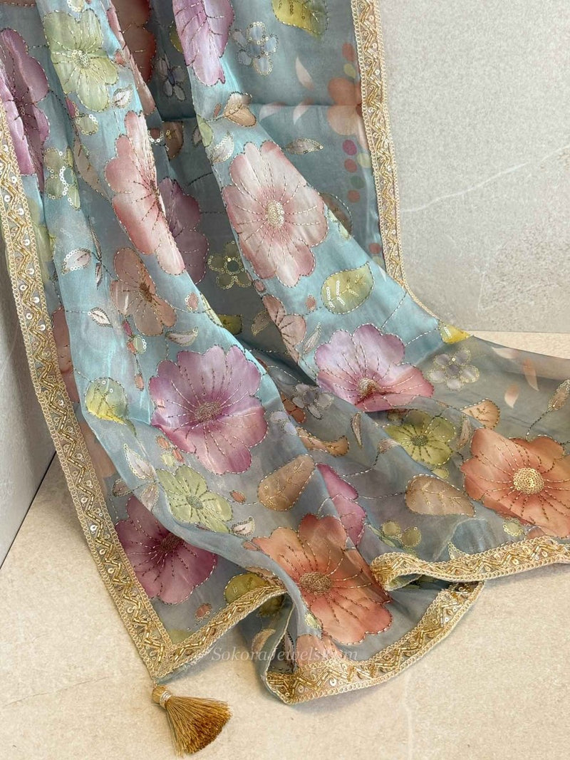 Blue & Multicolour Floral Dupatta - Embellished Occasion Dupatta - SOKORA JEWELSBlue & Multicolour Floral Dupatta - Embellished Occasion Dupatta