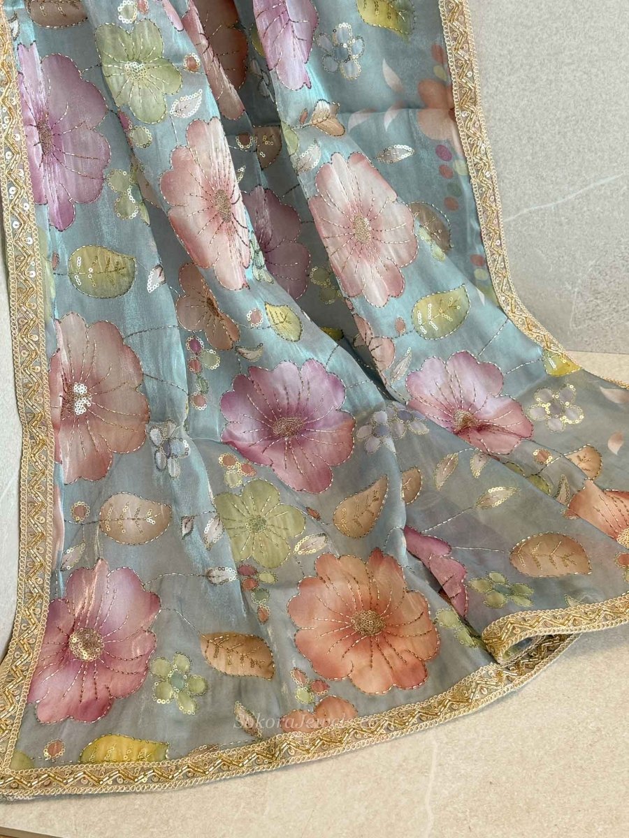 Blue & Multicolour Floral Dupatta - Embellished Occasion Dupatta - SOKORA JEWELSBlue & Multicolour Floral Dupatta - Embellished Occasion Dupatta