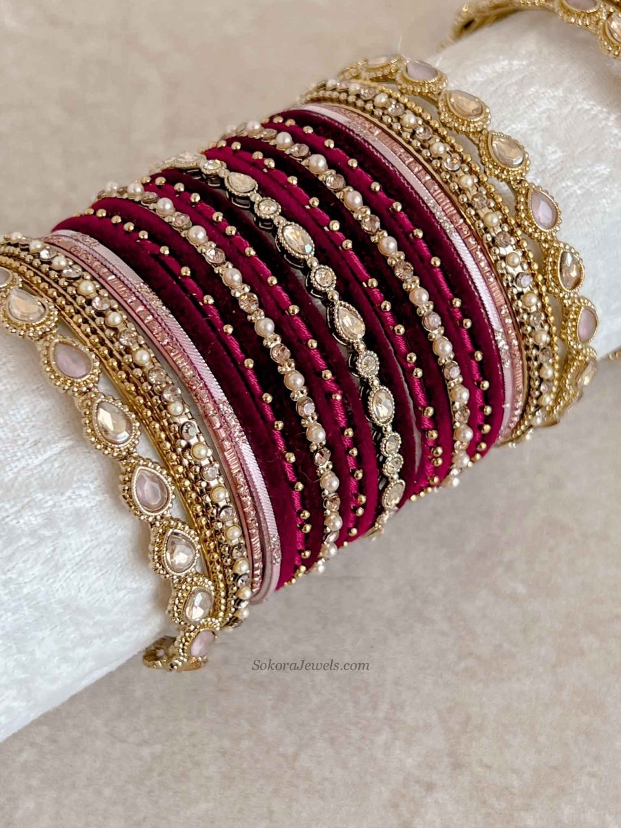Bridal Bangle Set - Maroon & Pink - SOKORA JEWELSBridal Bangle Set - Maroon & PinkBANGLES