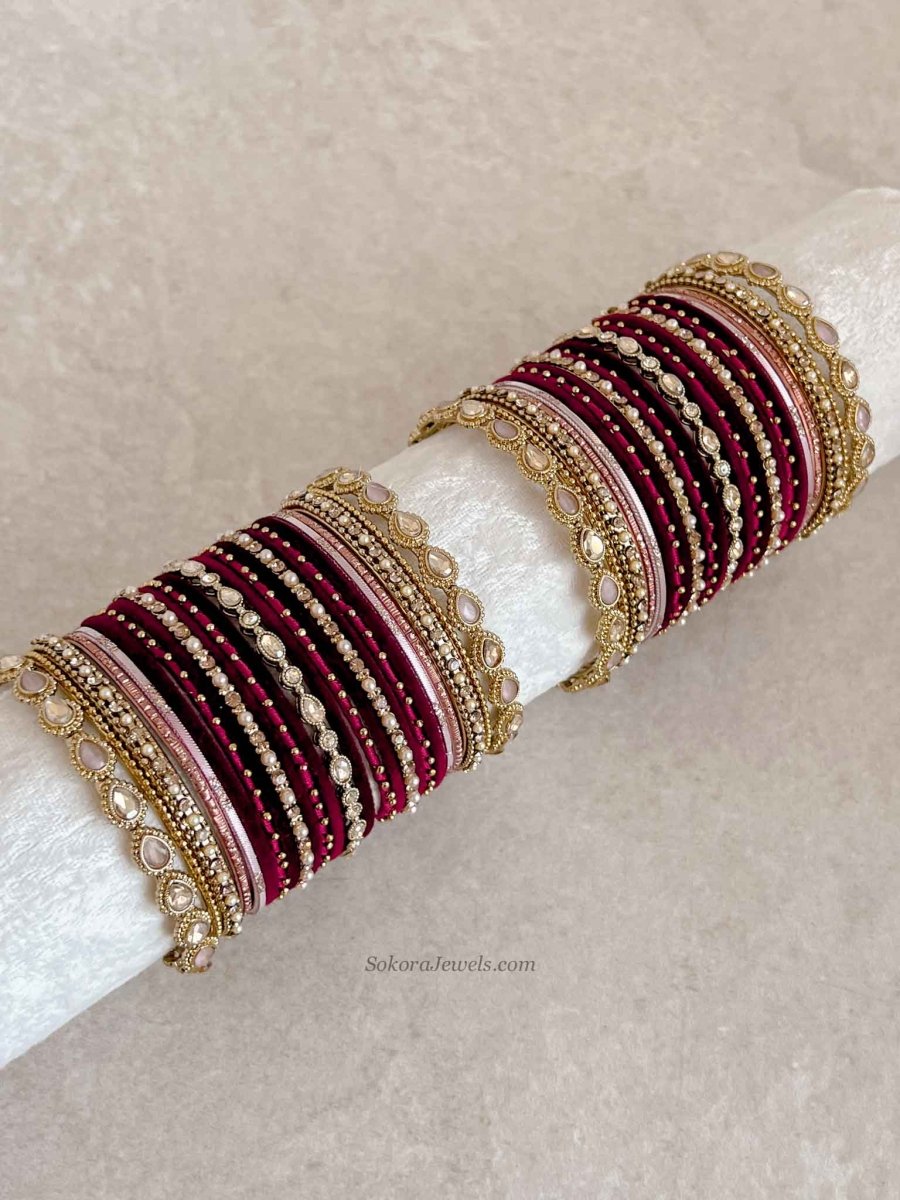 Bridal Bangle Set - Maroon & Pink - SOKORA JEWELSBridal Bangle Set - Maroon & PinkBANGLES