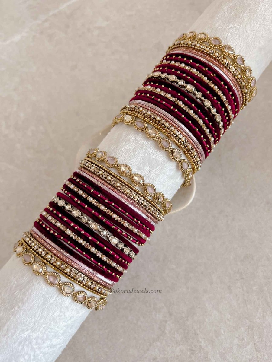 Bridal Bangle Set - Maroon & Pink - SOKORA JEWELSBridal Bangle Set - Maroon & PinkBANGLES