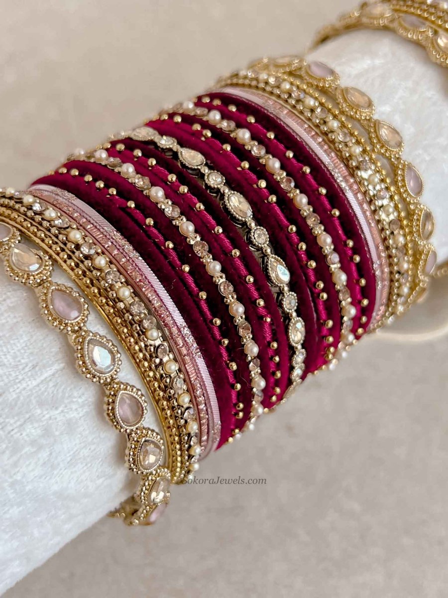 Bridal Bangle Set - Maroon & Pink - SOKORA JEWELSBridal Bangle Set - Maroon & PinkBANGLES