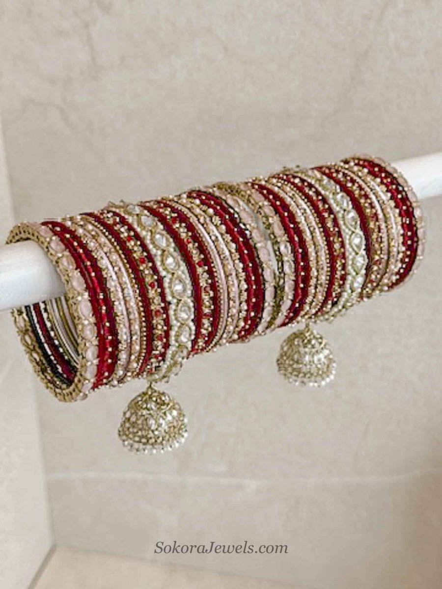 Bridal Bangle Set - Maroon & Pink with Jhumka - SOKORA JEWELSBridal Bangle Set - Maroon & Pink with JhumkaBANGLES